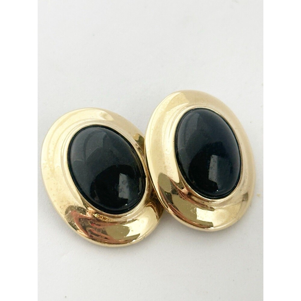 Vintage Liz Claiborne Gold Tone Black Cabochon Clip On Earrings 90s Runway